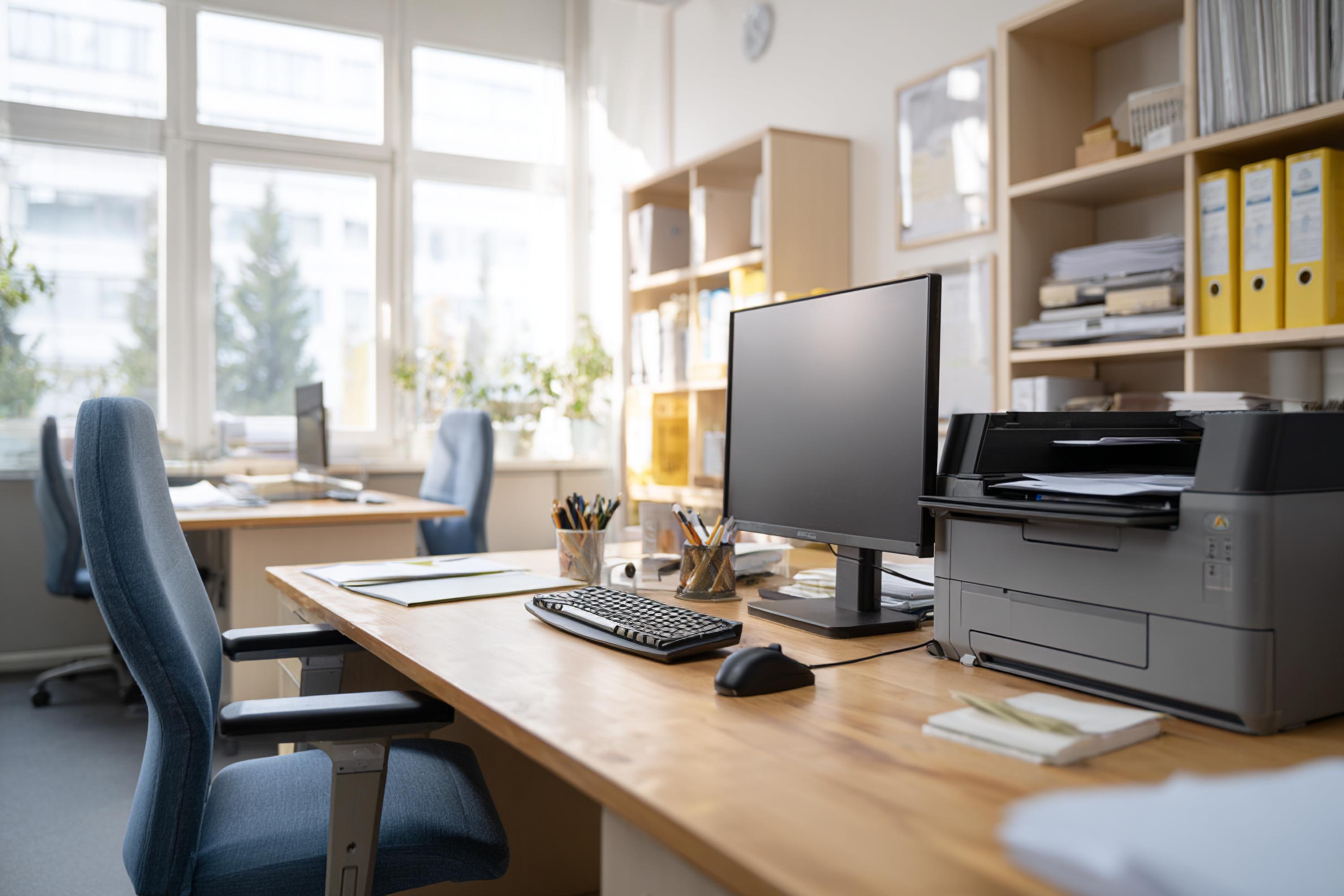 Modern home office with computer, monitor, keyboard and printer